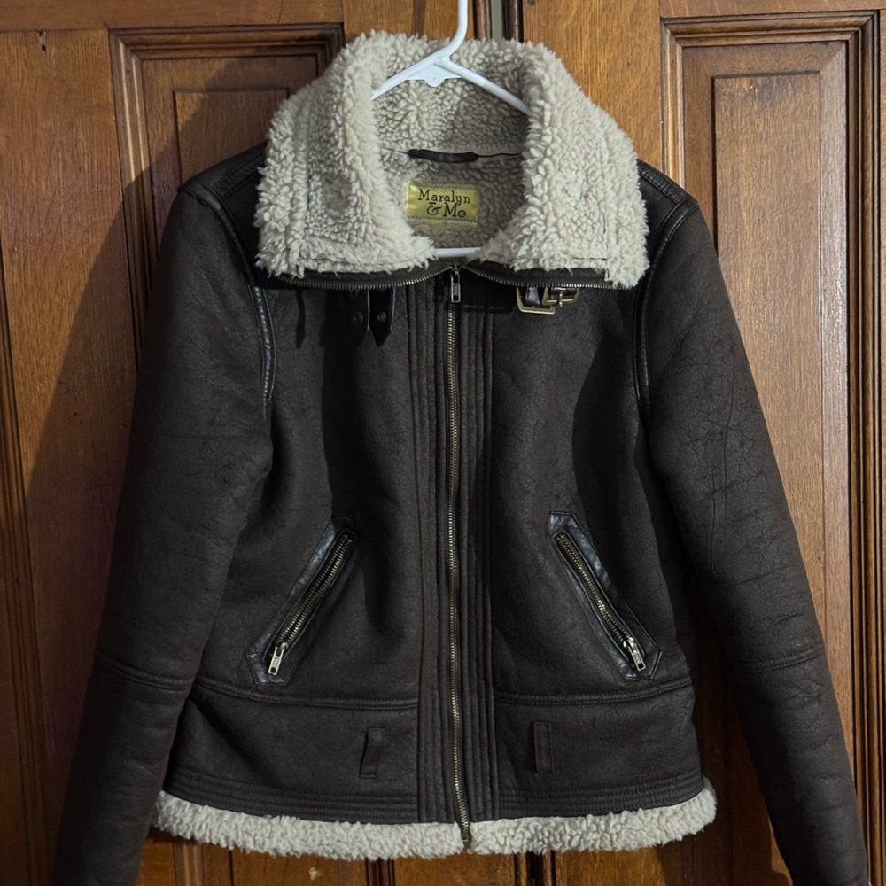 Women’s Polyester Shearling Jacket…brown Motorcycle Aviator .Warm. Excellent